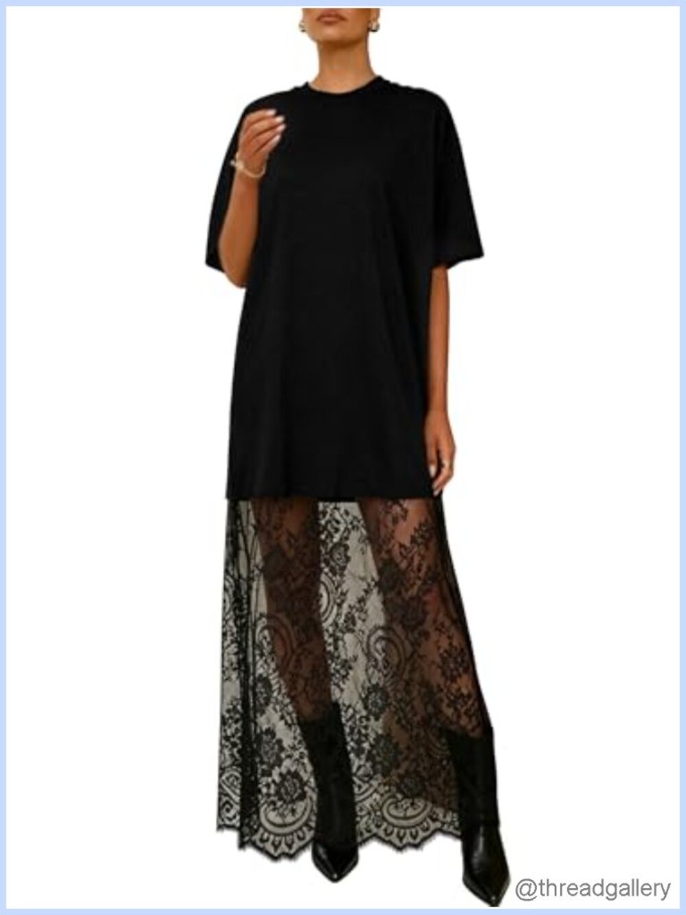 Womens Short Sleeve Crewneck Lace Patchwork Maxi Dress T Shirt Casual